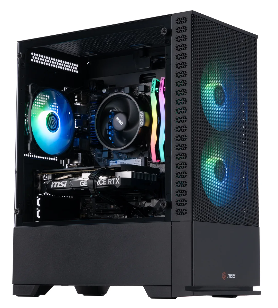 Black mid-tower gaming desktop with RGB memory visible through side panel