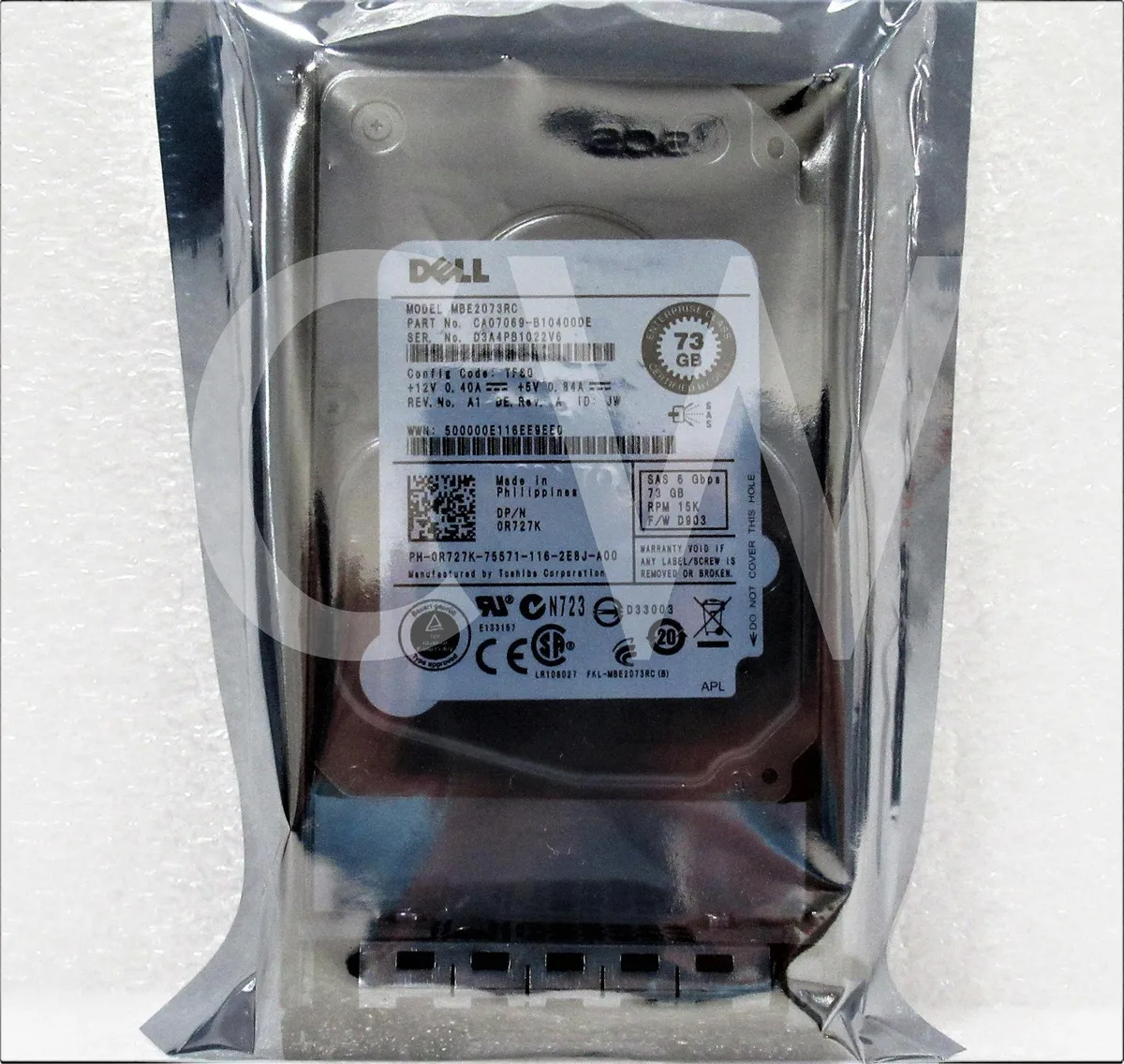 Silver 2.5 inch SAS hard drive in Dell PowerEdge server caddy tray
