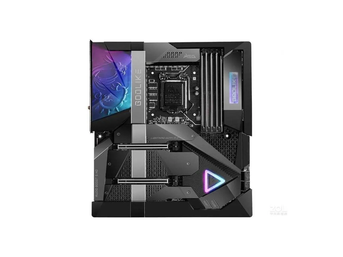 E-ATX motherboard with black and gold finish, large VRM heatsinks and integrated I/O shield