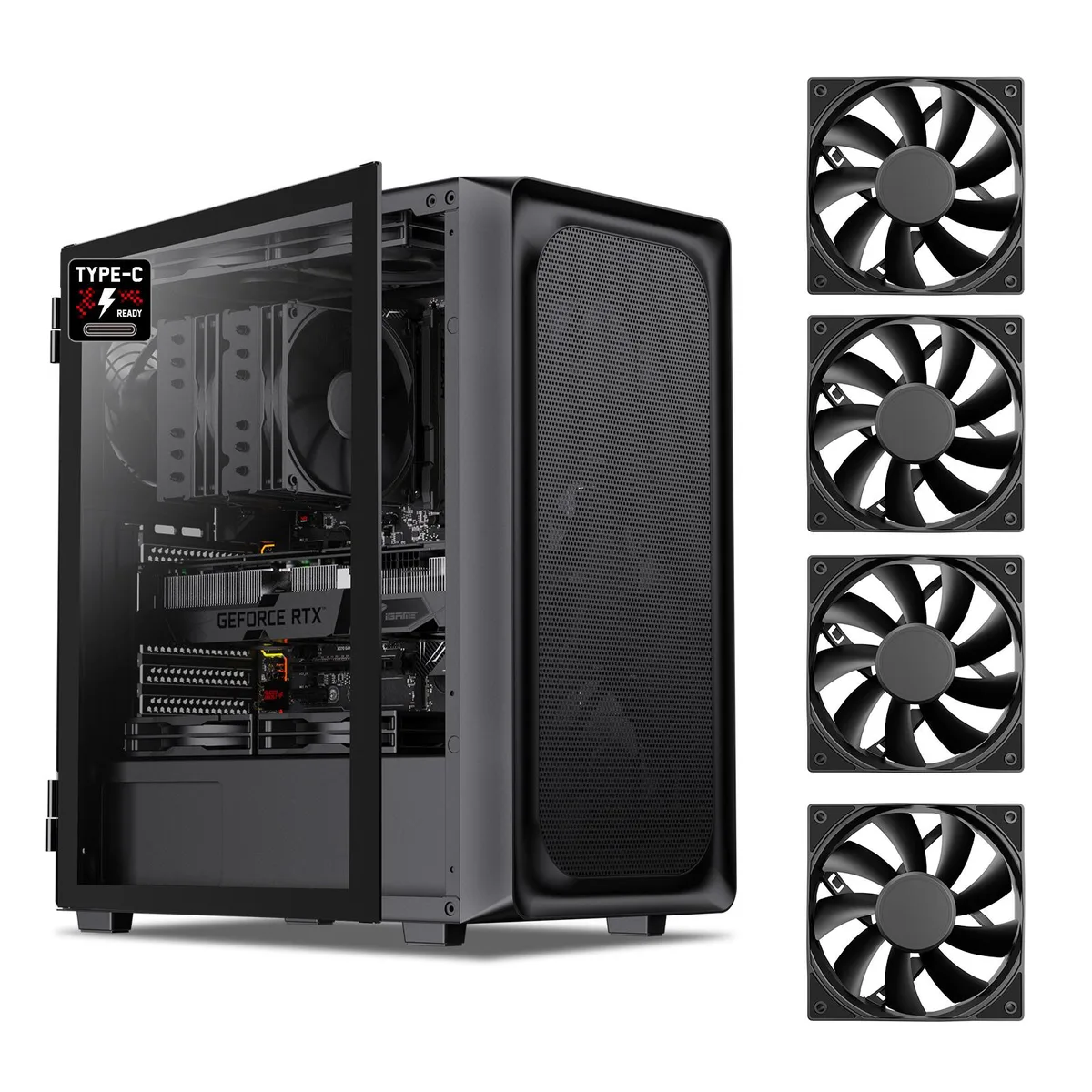 Black ATX mid-tower case with mesh front, tempered glass side panel, four 120mm fans installed