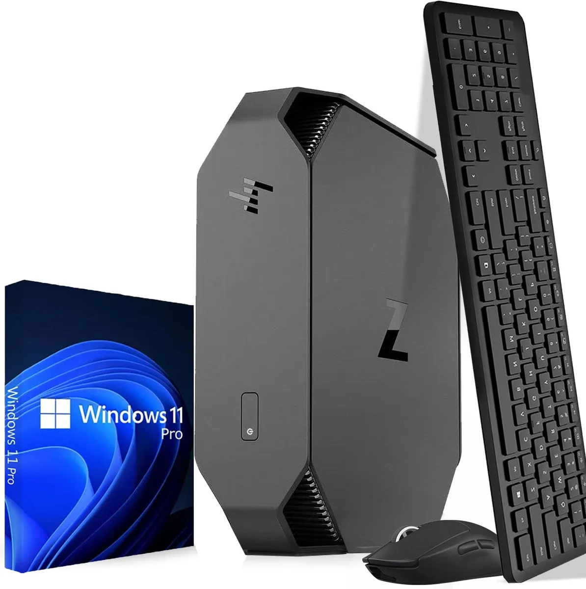Small black HP Z2 Mini desktop cube with wireless keyboard and mouse