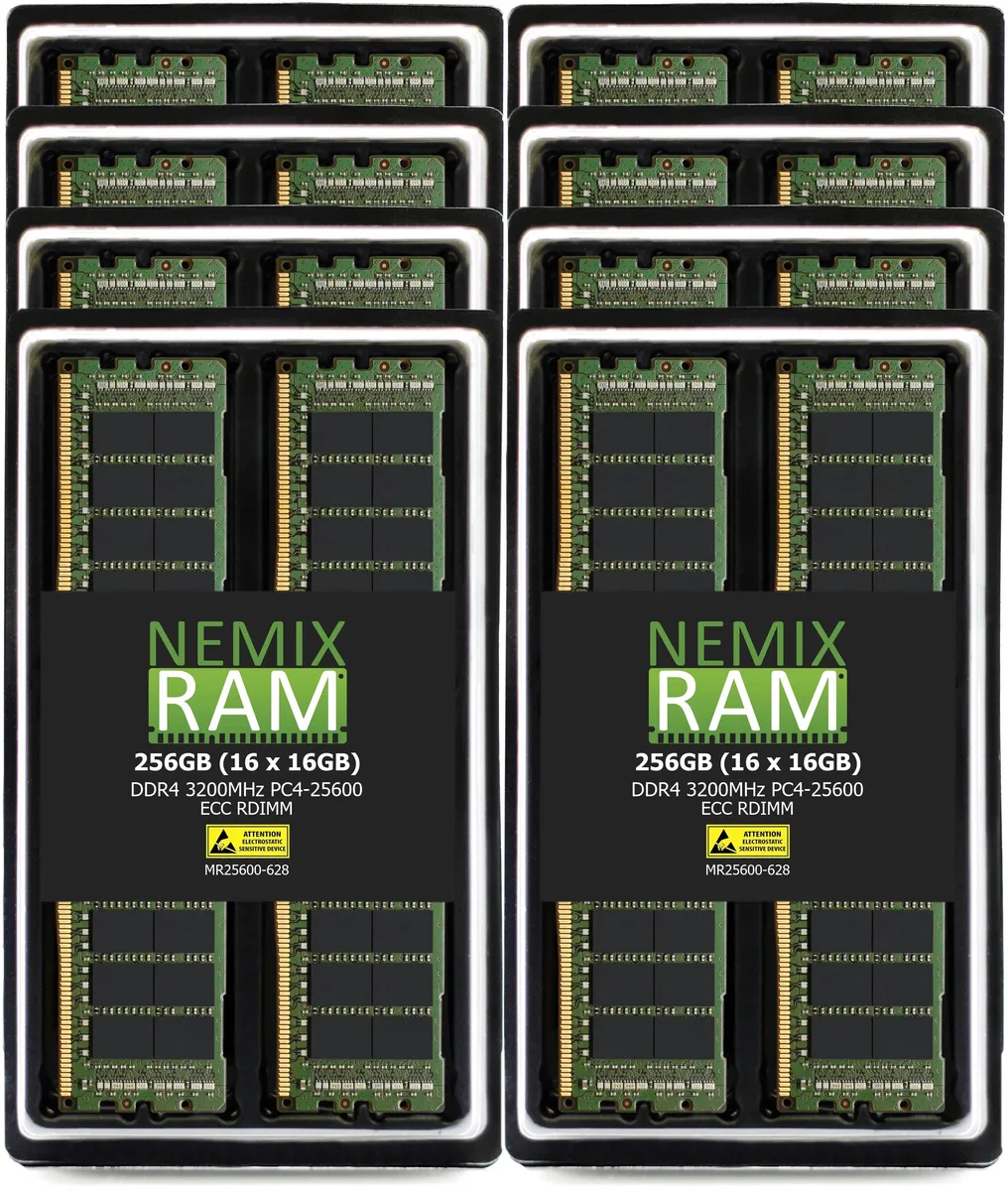 Sixteen green DDR4 RDIMM modules in a row