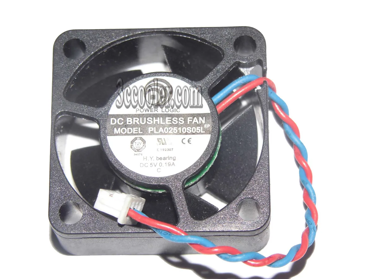 Small black 25mm square hydro-bearing fan with two-pin connector