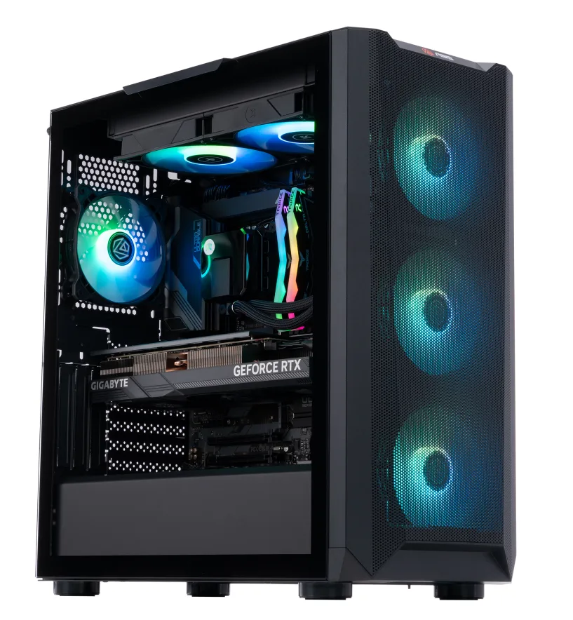 Black mid-tower gaming desktop with liquid cooling visible through side panel