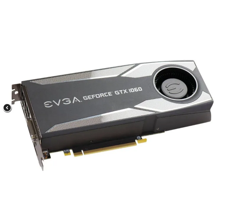 Black dual-fan graphics card with silver backplate and PCIe bracket showing HDMI DisplayPort DVI ports