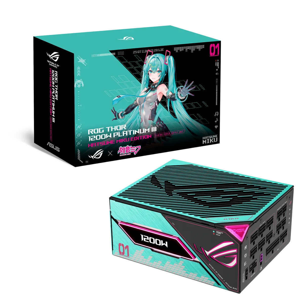 Black rectangular ATX power supply with turquoise and pink Hatsune Miku accents, magnetic OLED display on side