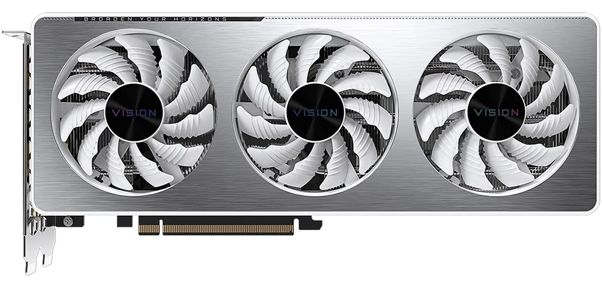 Silver graphics card with three fans and metal backplate