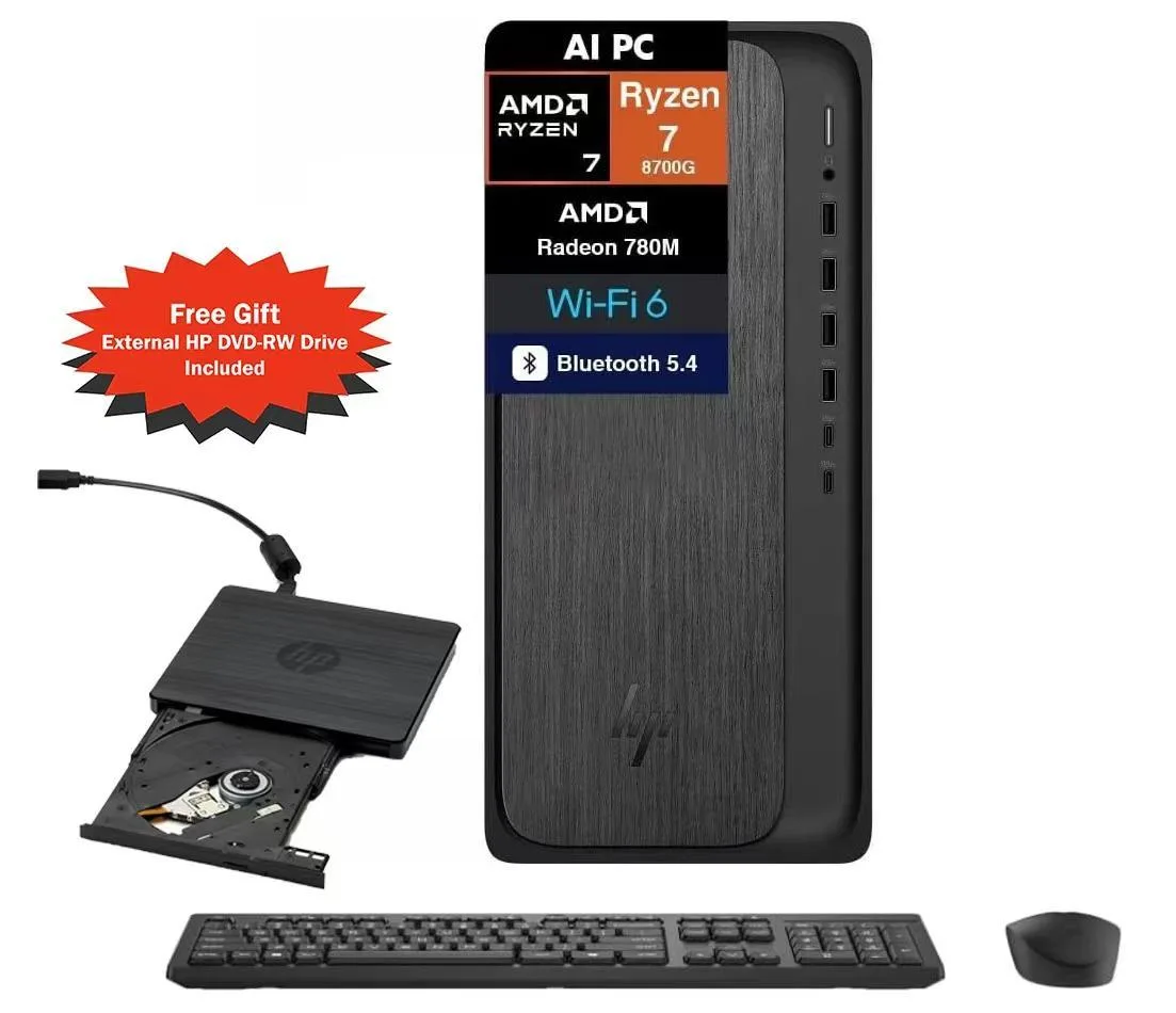 HP HP OmniDesk Tower Ryzen 7 8700G 32GB DDR5 2TB SSD Dark Wood desktop PC — photo du produit