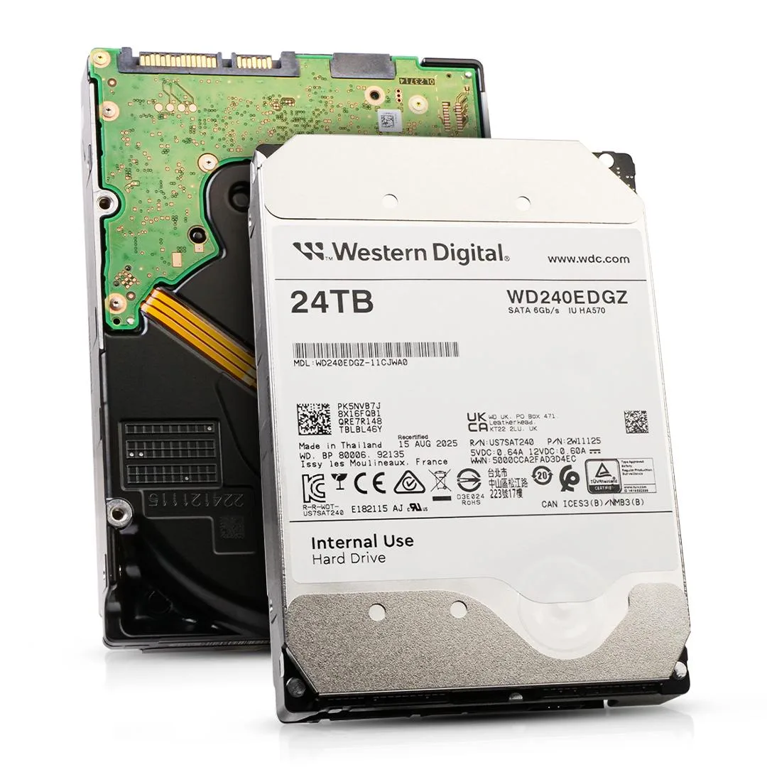 Silver rectangular 3.5-inch hard drive with label showing Western Digital IU HA570 24TB SATA 7200 RPM 512MB cache