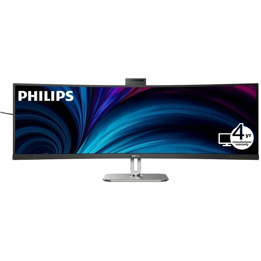 Ultra-wide 49 inch curved VA monitor with thin black bezels and central stand