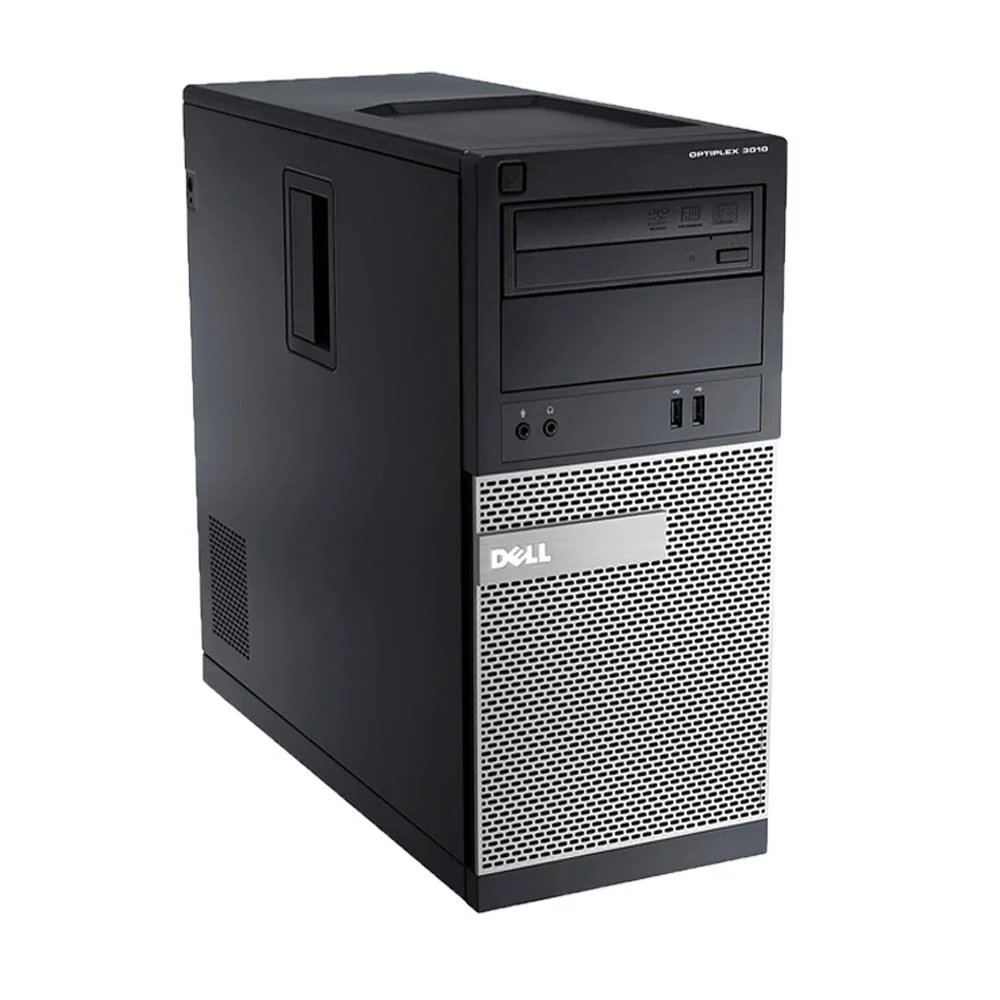 Dell OptiPlex 3010 mini-tower desktop, matte black chassis, front DVD-RW drive and two USB ports, vertical orientation