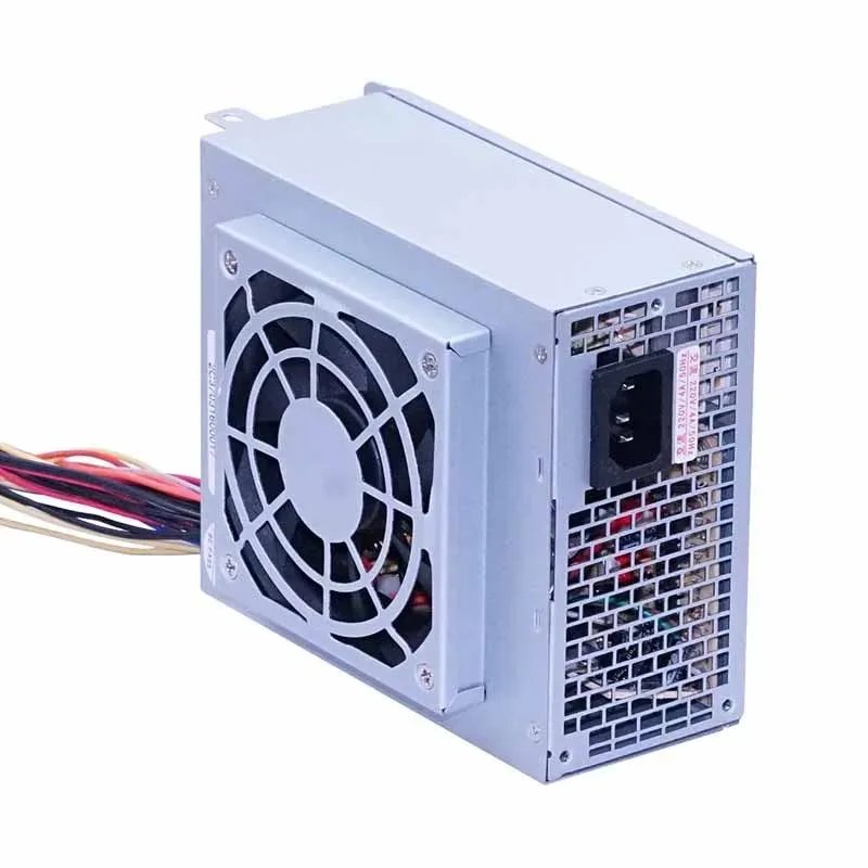 Silver rectangular ATX power supply unit with fan grille and cable bundle