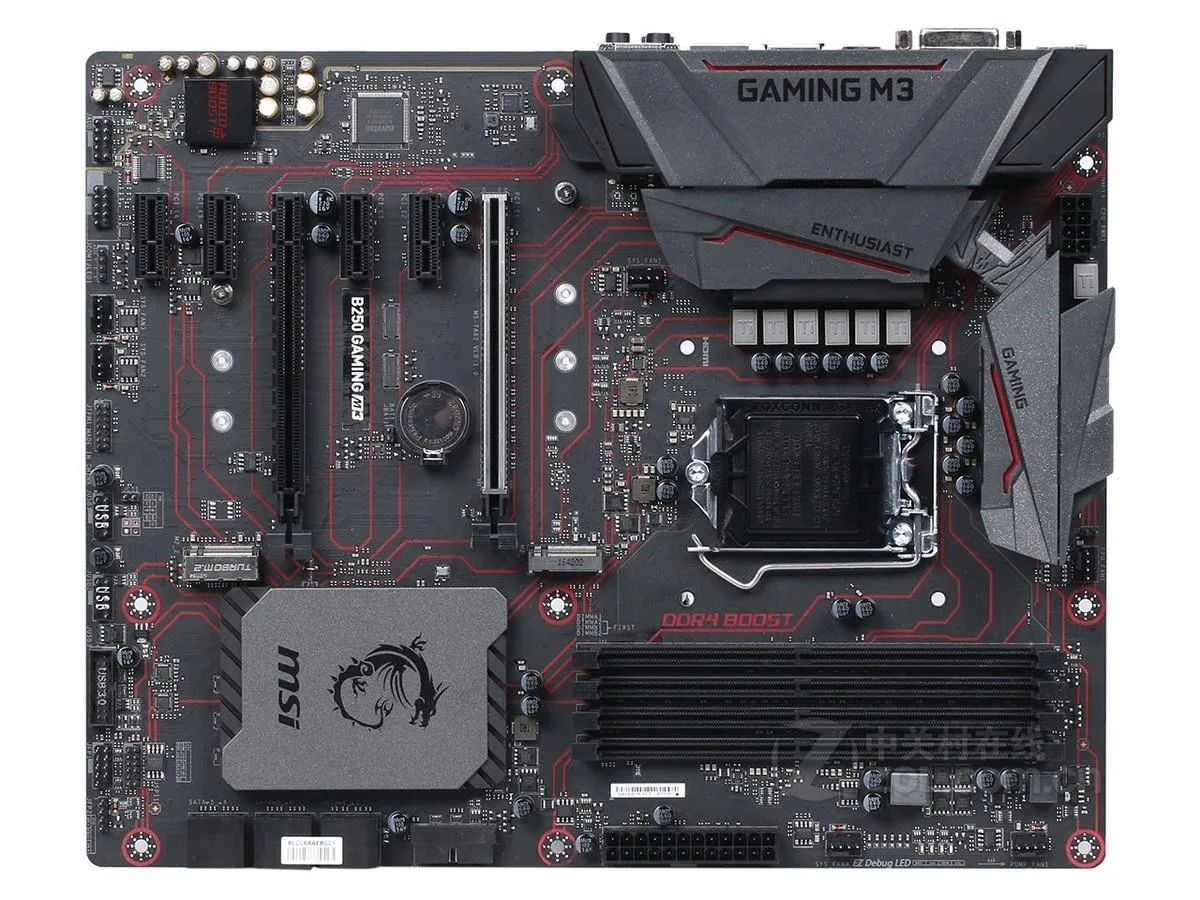 Black ATX motherboard with silver heatsinks, red accents, LGA 1151 socket, four DDR4 slots, multiple PCIe slots, rear I/O panel