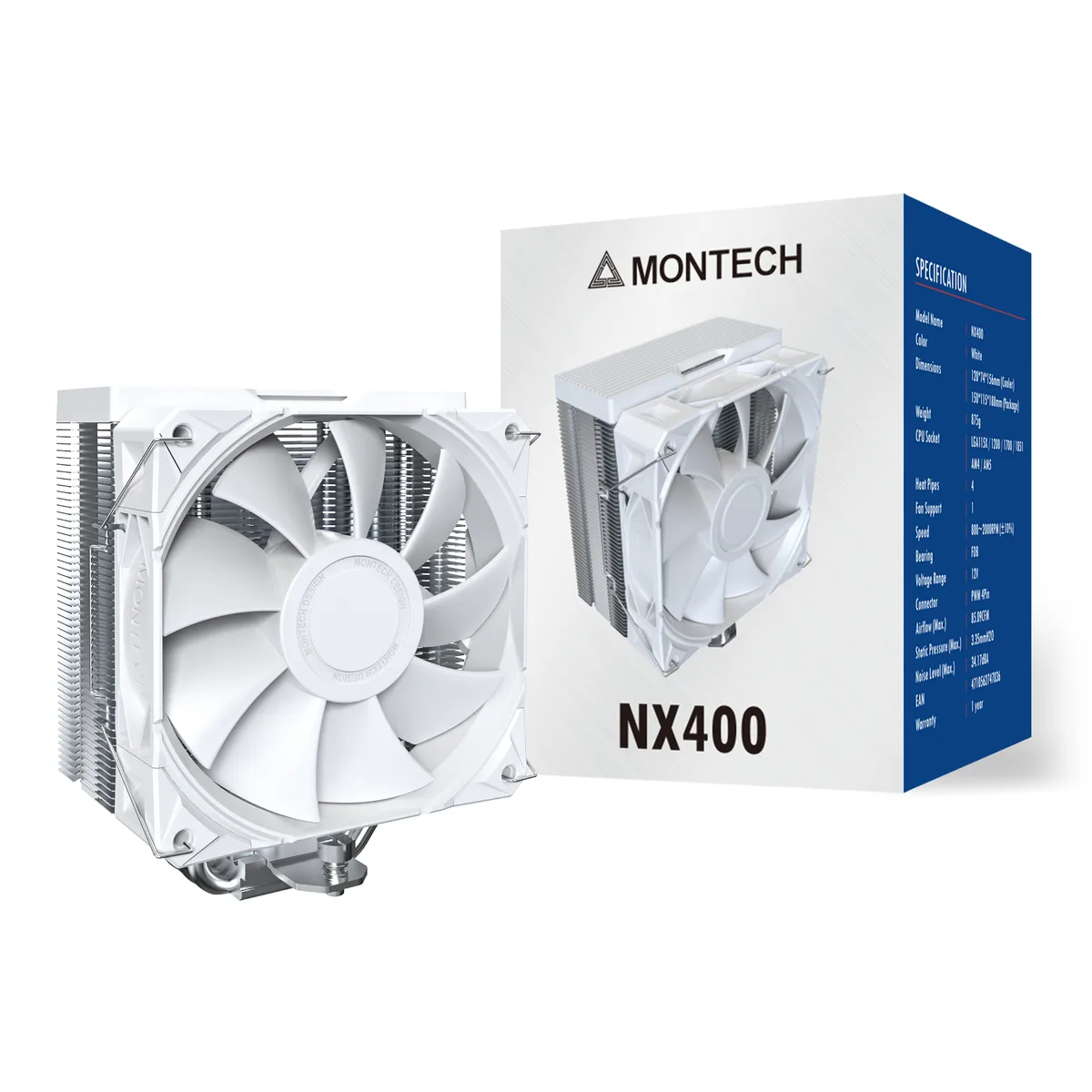 Montech Montech NX400 (W) CPU cooler, white, 120 mm fan, 52 fins — 商品写真