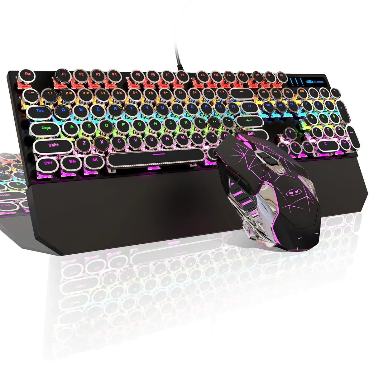 Black mechanical keyboard with round keycaps and matching mouse, aluminium panel, RGB backlighting, wired connection