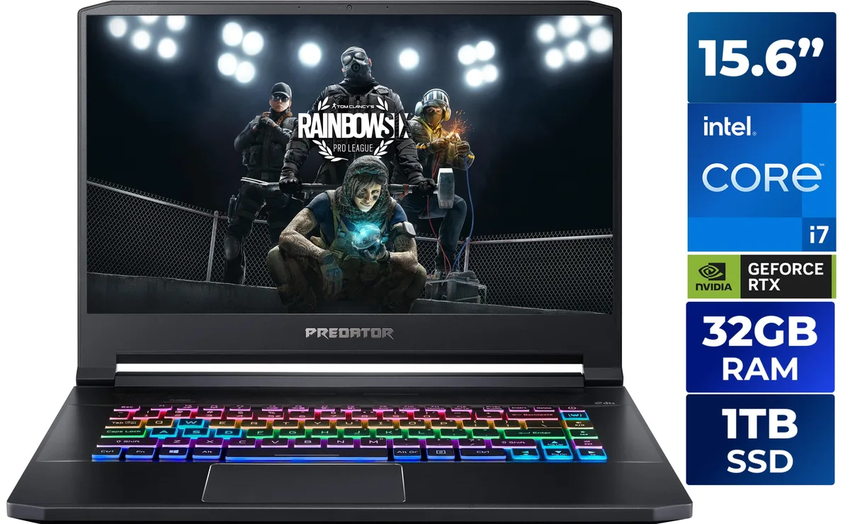 Thin Abyssal Black gaming laptop with 15.6 inch screen and subtle Predator branding