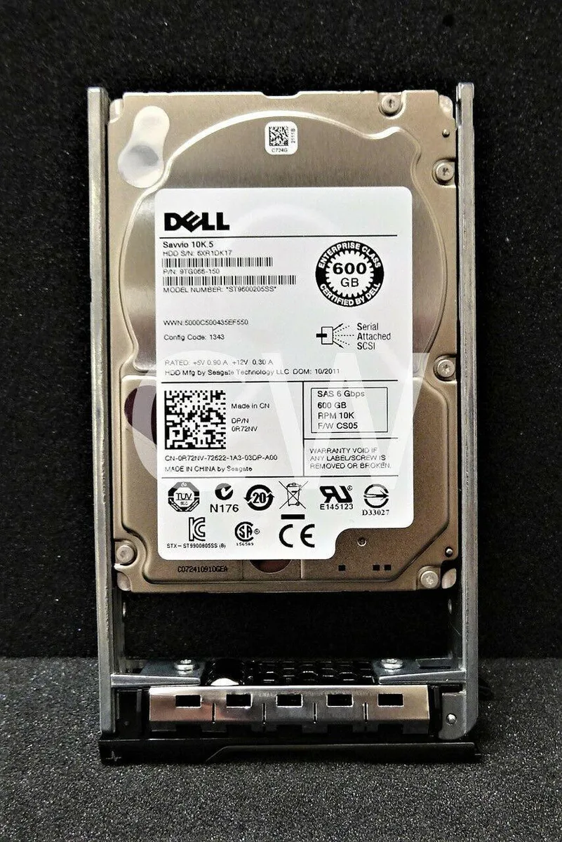 Ten 2.5-inch SAS hard drives in silver caddies