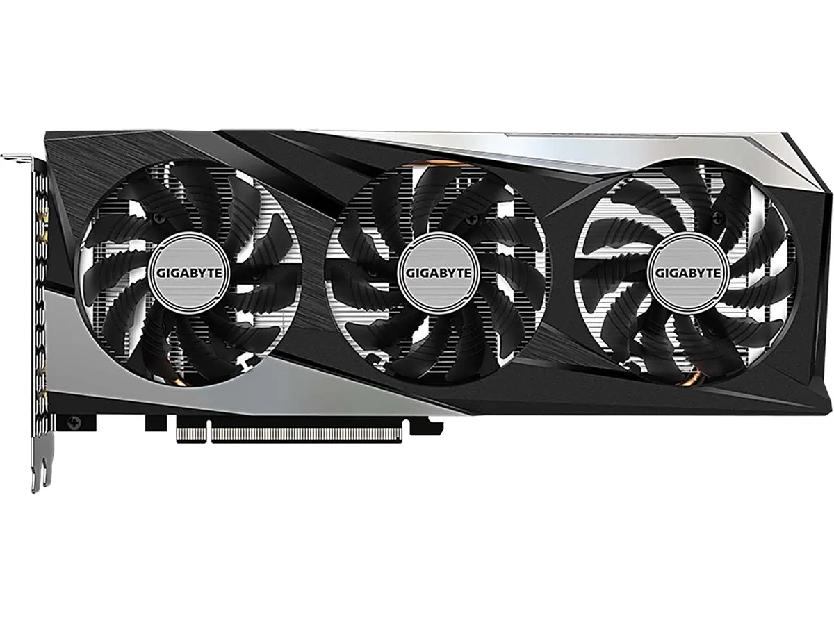 Black dual-slot graphics card with three axial fans and a metal backplate