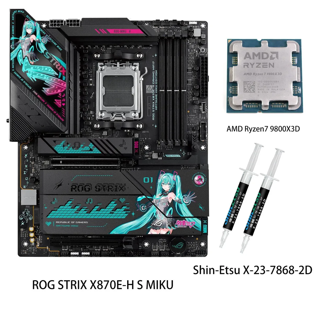 ASUS ROG STRIX X870E-H S MIKU motherboard with teal and pink anime graphics, ATX form factor, bundled Ryzen 7 9800X3D CPU