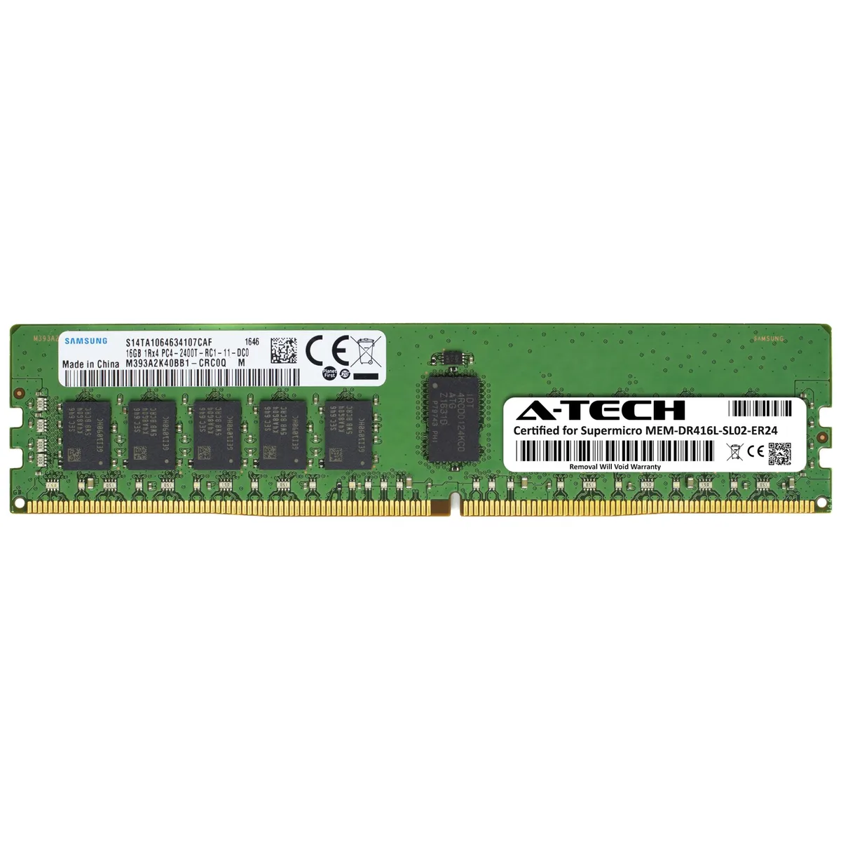 Green rectangular DDR4 RDIMM module with black chips and gold edge connector