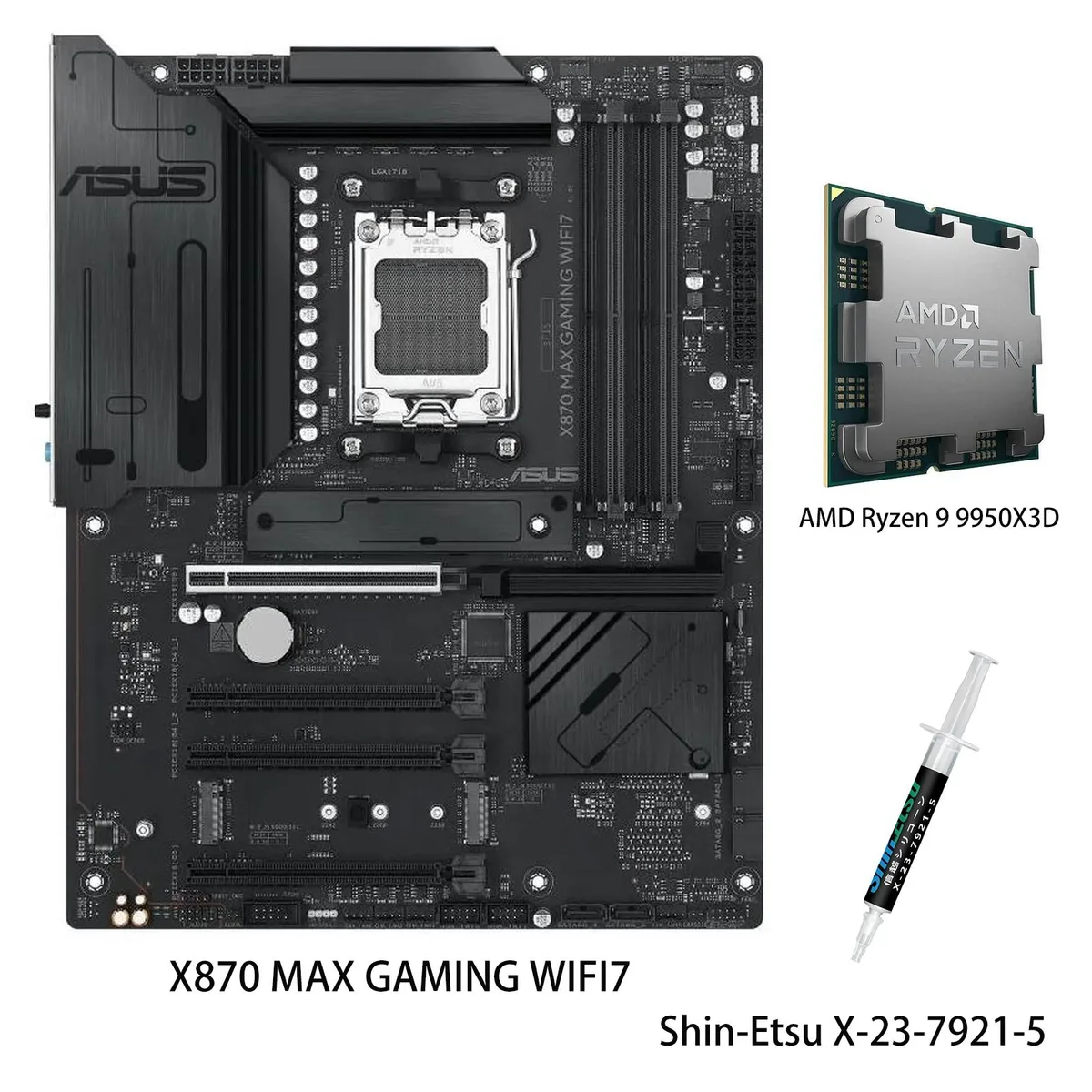 ATX motherboard with large silver VRM heatsinks and a Ryzen 9 9950X3D CPU installed
