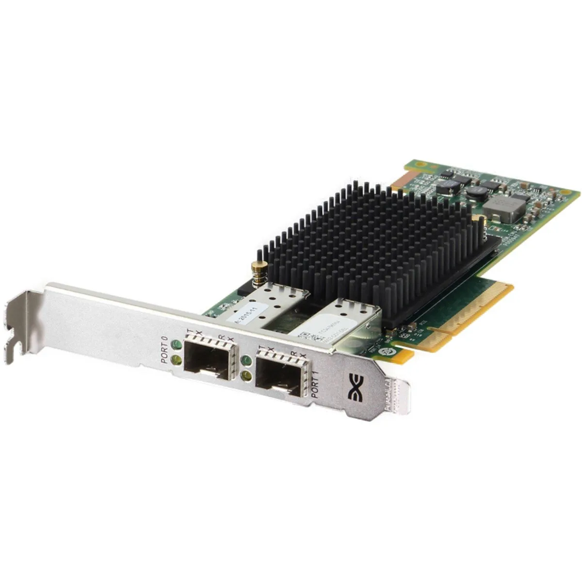 Green circuit board with metal bracket and two SFP+ ports