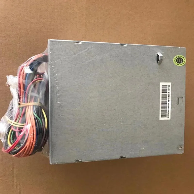 Rectangular silver ATX power supply unit with rear fan grille and side label