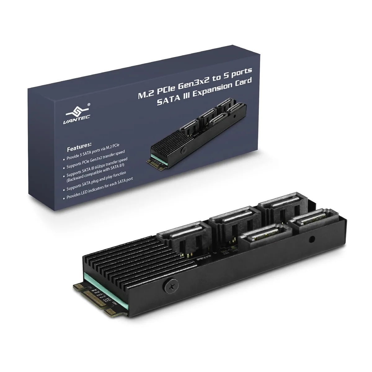 Green circuit board with M.2 edge connector and five SATA ports along one side