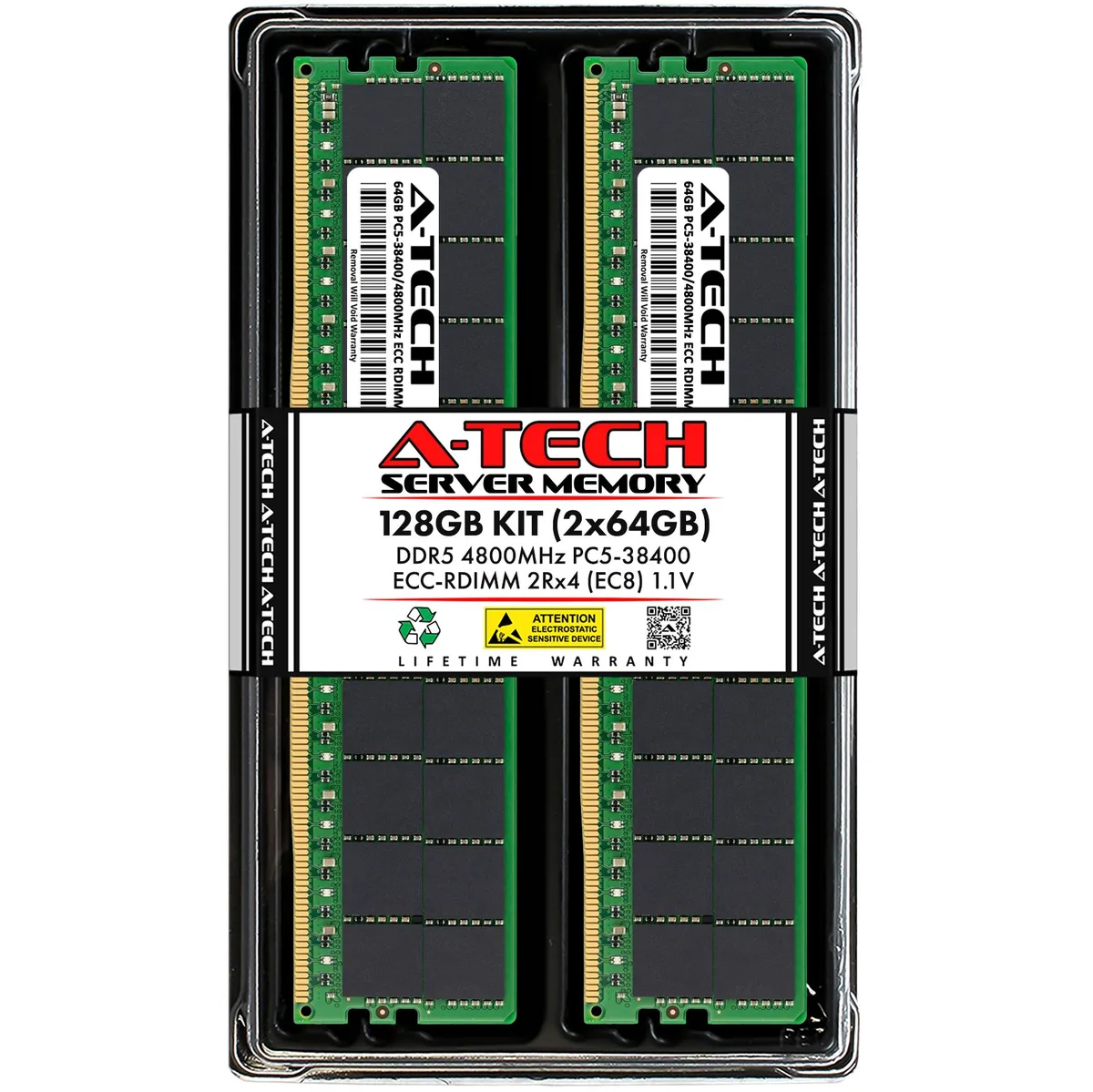 A-Tech A-Tech 128GB (2x64GB) DDR5 4800 CL40 2Rx4 EC8 RDIMM Server RAM — photo du produit