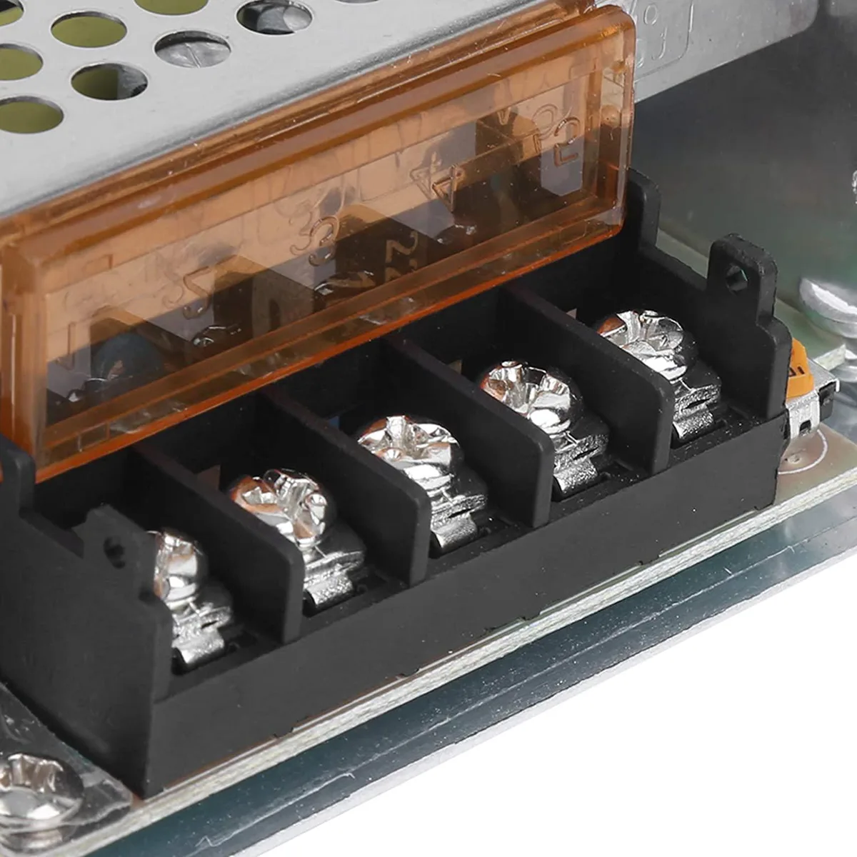 Rectangular aluminium power supply, silver finish, screw terminals visible