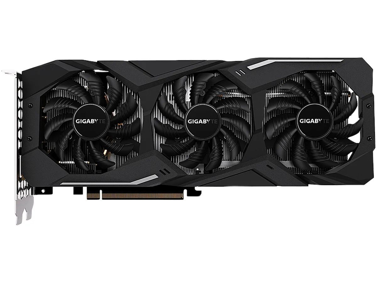 Full-length graphics card in dark grey with three axial fans and a metal backplate
