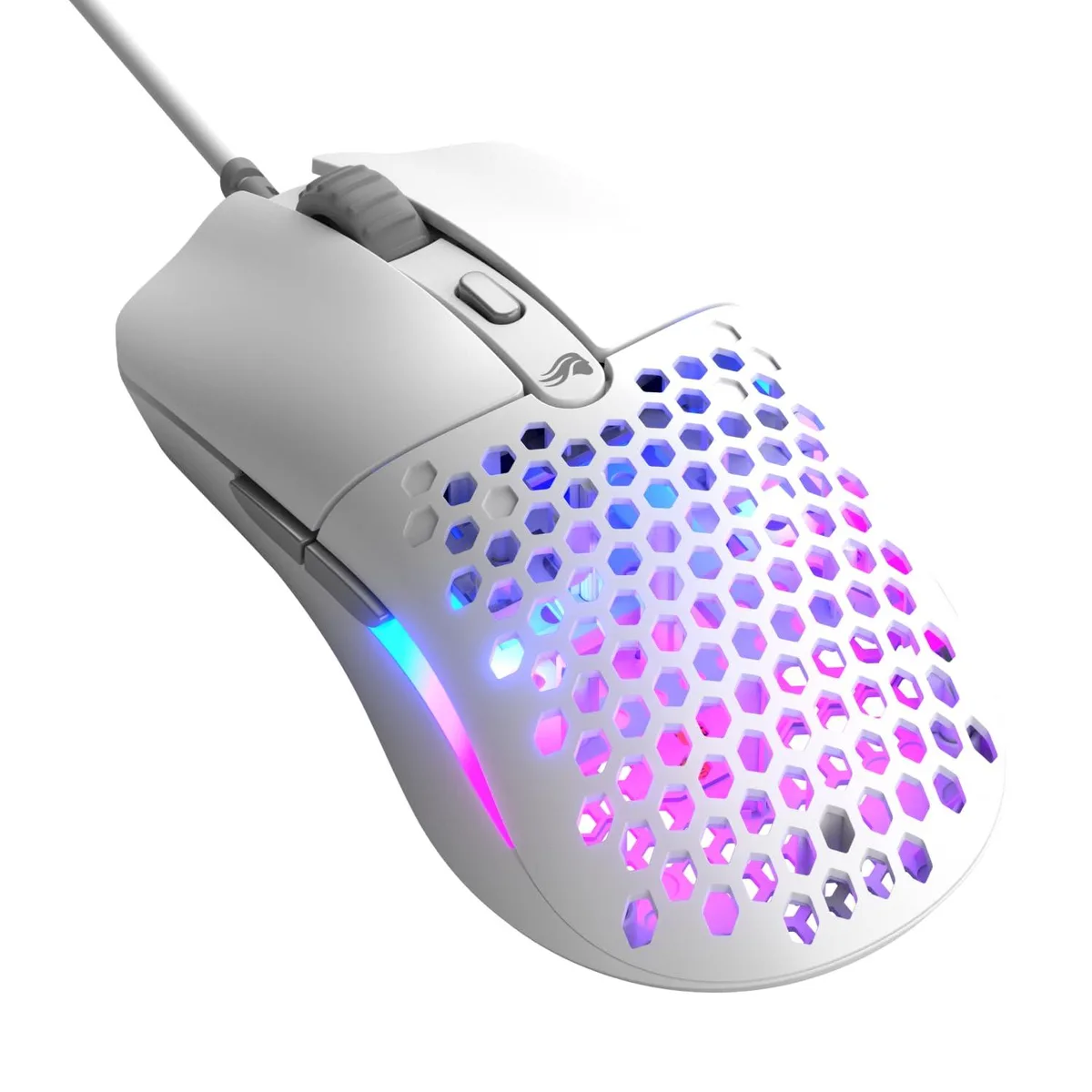 Matte white ultralight gaming mouse with honeycomb shell and dual-zone RGB lighting