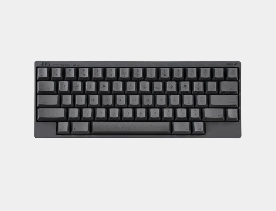 Compact charcoal 60 percent keyboard with PBT keycaps, USB-C and Bluetooth, Topre silent tactile switches