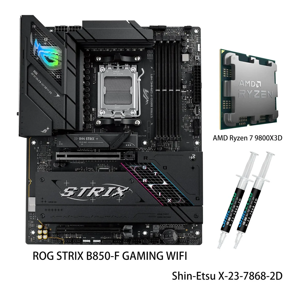 Black ATX motherboard with large silver heatsinks, integrated rear I/O shield