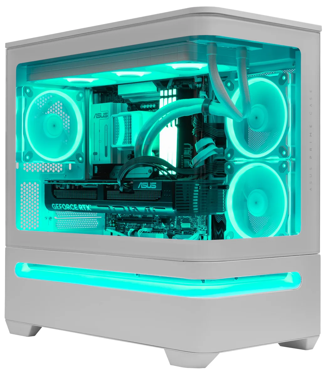 White mid-tower PC with RGB lighting and liquid cooling visible