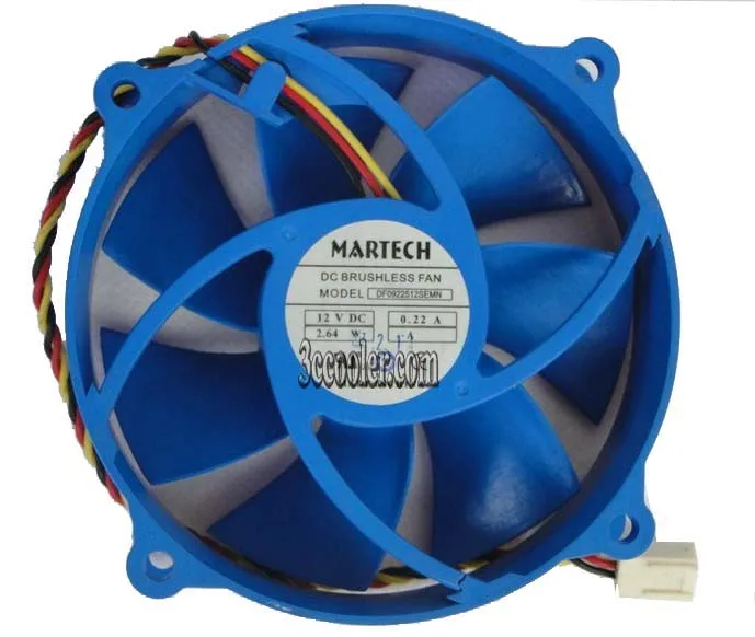 Blue 92mm square CPU fan with black blades and three-pin connector