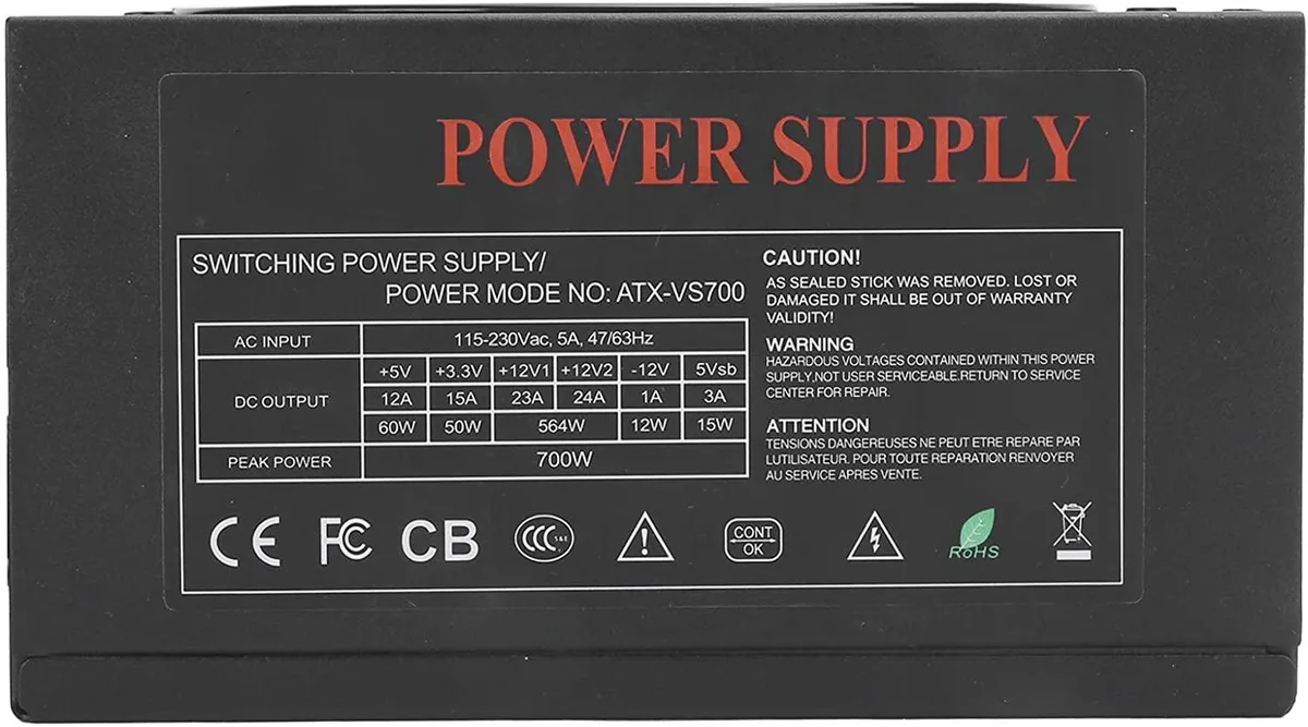 Red rectangular ATX power supply unit with a 14cm fan visible on one side, black grille, and multiple cable bundles exiting the rear