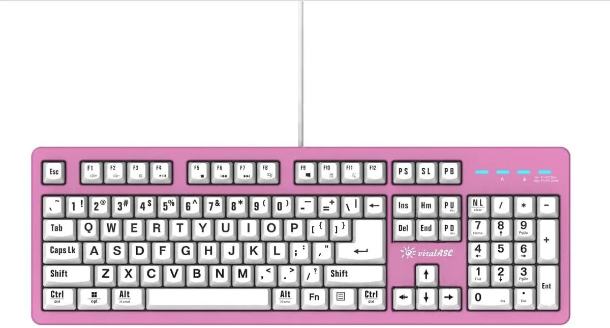 Pink full-size wired gaming keyboard with large-print key legends