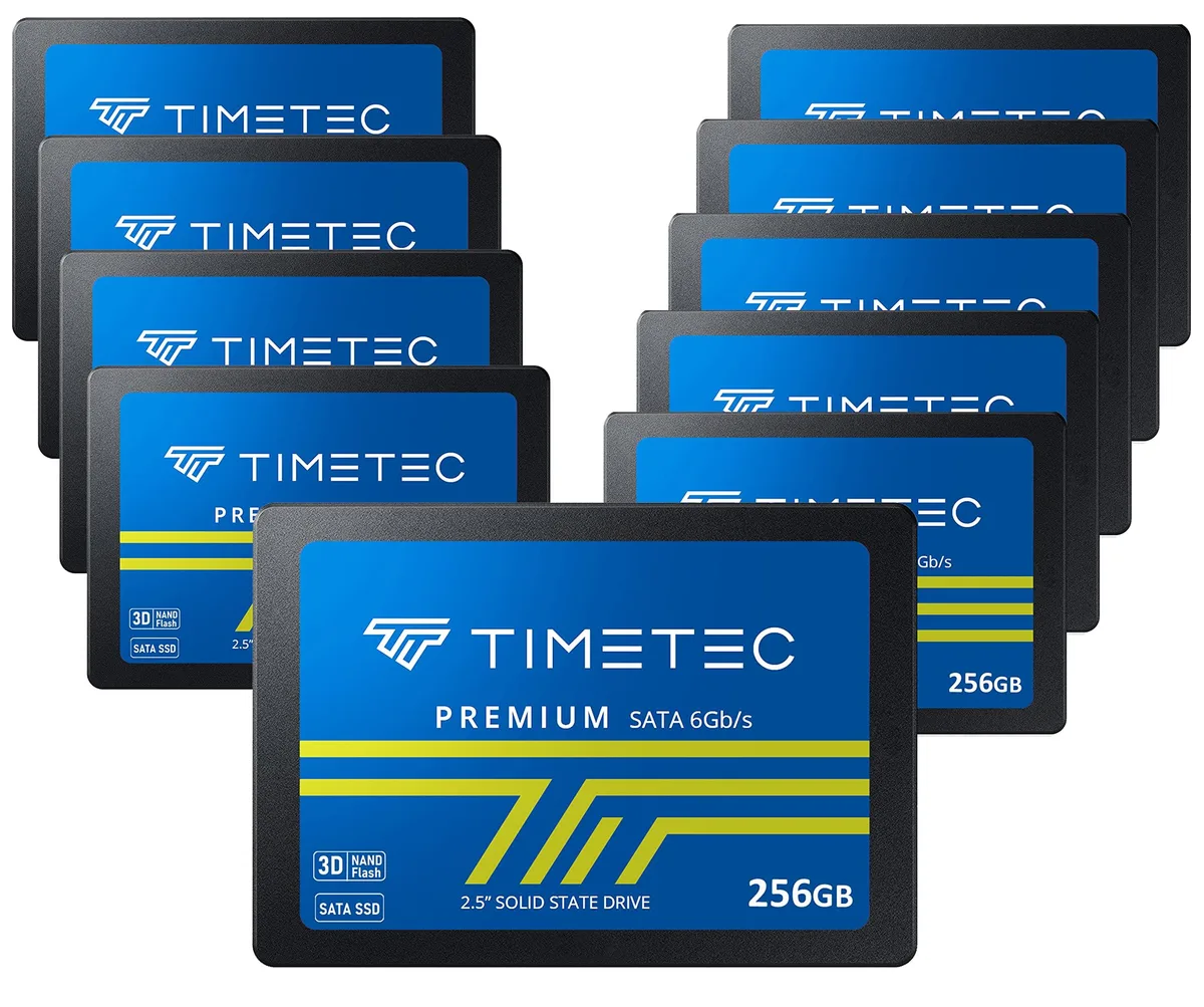 Ten 2.5 inch SATA SSDs in a pack, each 7mm thick