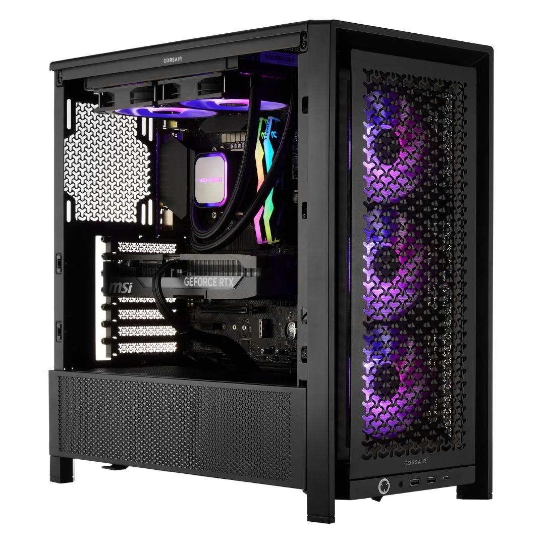 Black mid-tower gaming desktop with front USB-C and RGB lighting