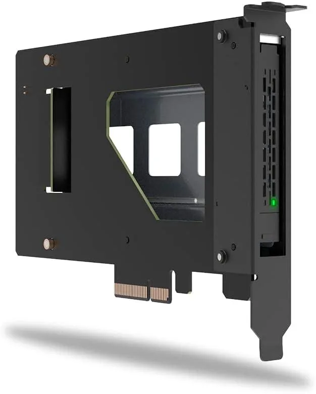 Metal PCIe card with removable U.2 NVMe drive tray