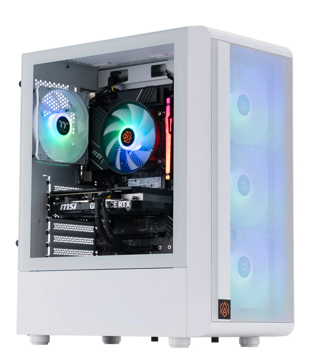 White mid-tower gaming desktop with RGB lighting visible through side panel