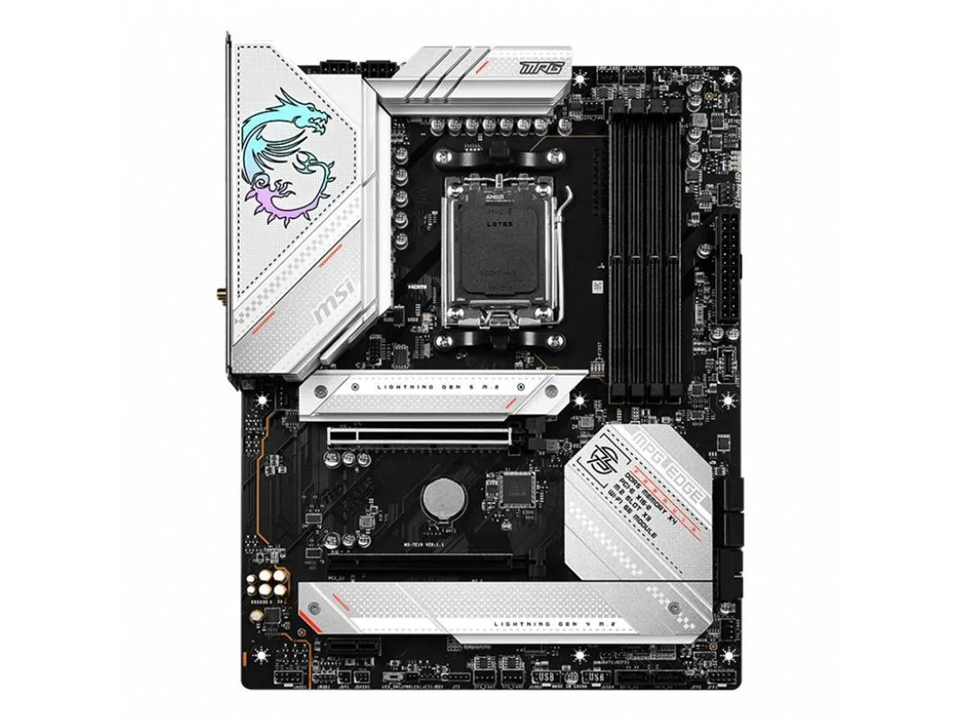 ATX motherboard with black heatsinks and silver accents