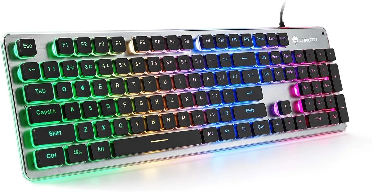Black and silver full-size membrane keyboard with metal panel and rainbow LED backlighting