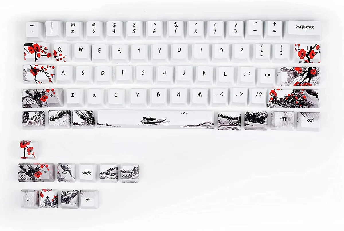 A 71-key PBT keycap set in plum blossom design with puller for 60% keyboards
