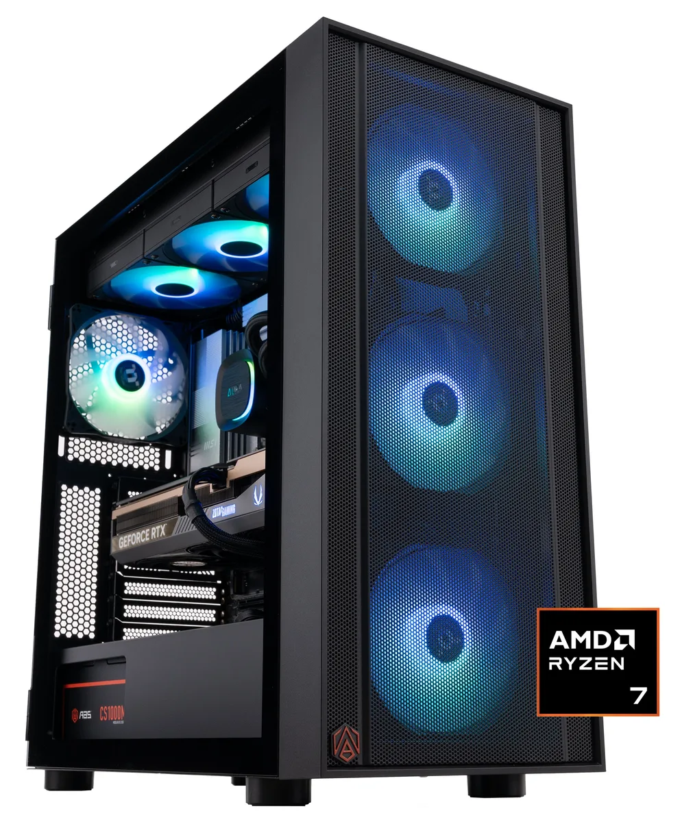 Black mid-tower gaming desktop with RGB liquid cooler visible through side panel