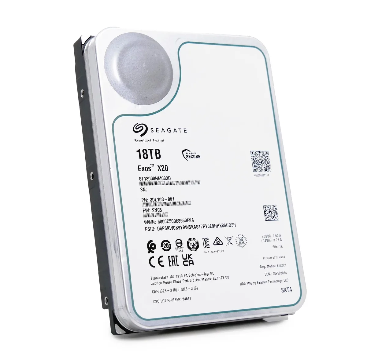 Standard 3.5 inch silver hard drive with label showing 18TB capacity and model ST18000NM003D