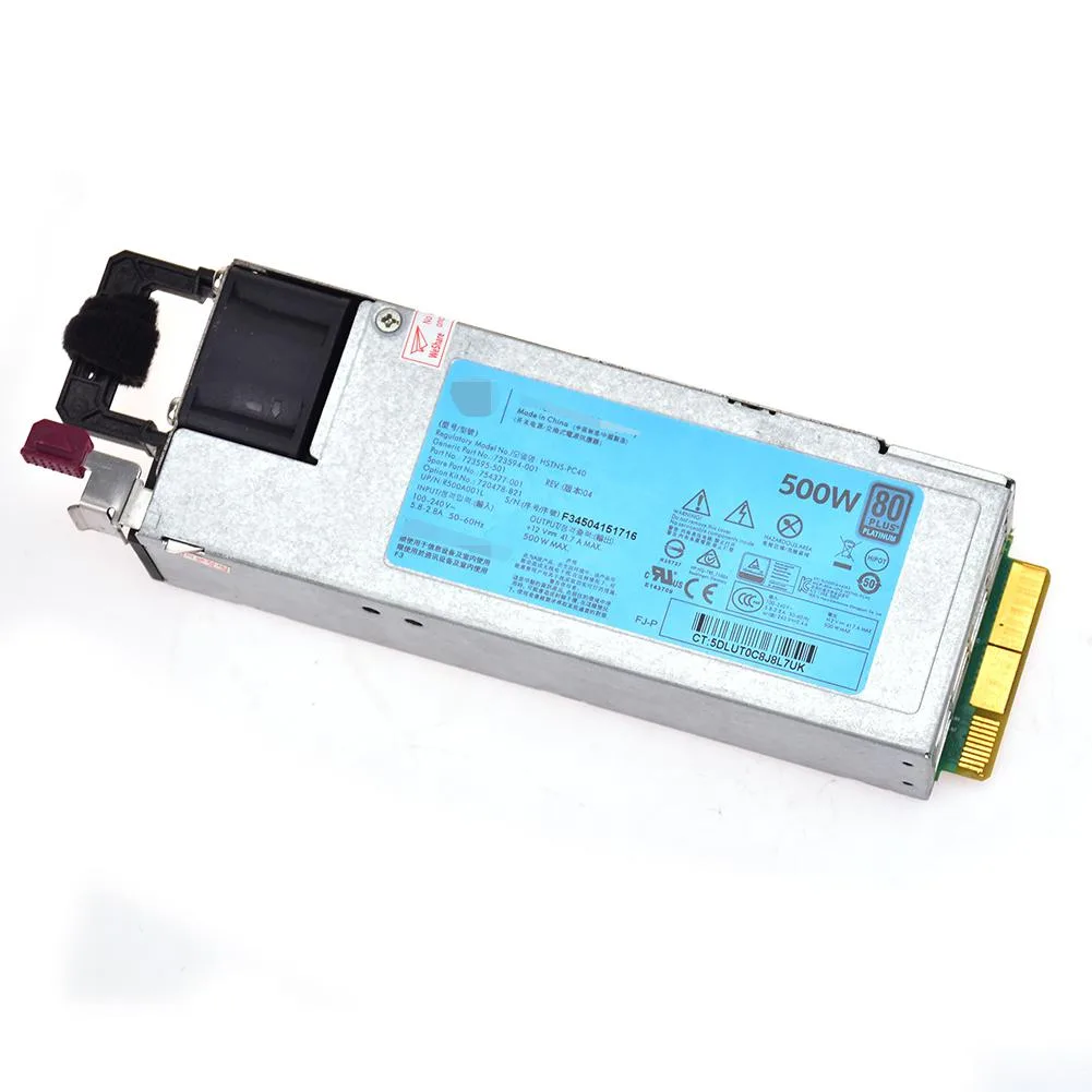 Silver rectangular server power supply unit with rear fan grille and power connector
