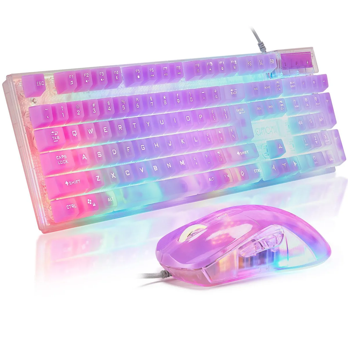 Wired keyboard and mouse set with rainbow backlit transparent keycaps