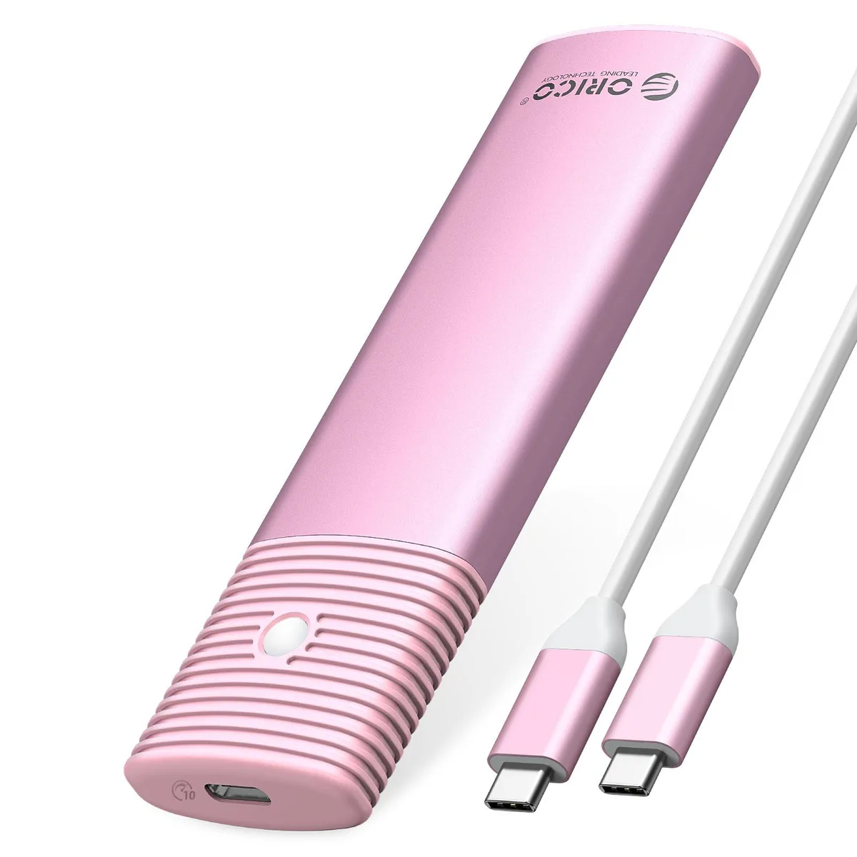 Pink aluminium and plastic M.2 NVMe enclosure, slim rectangular shape with USB-C port